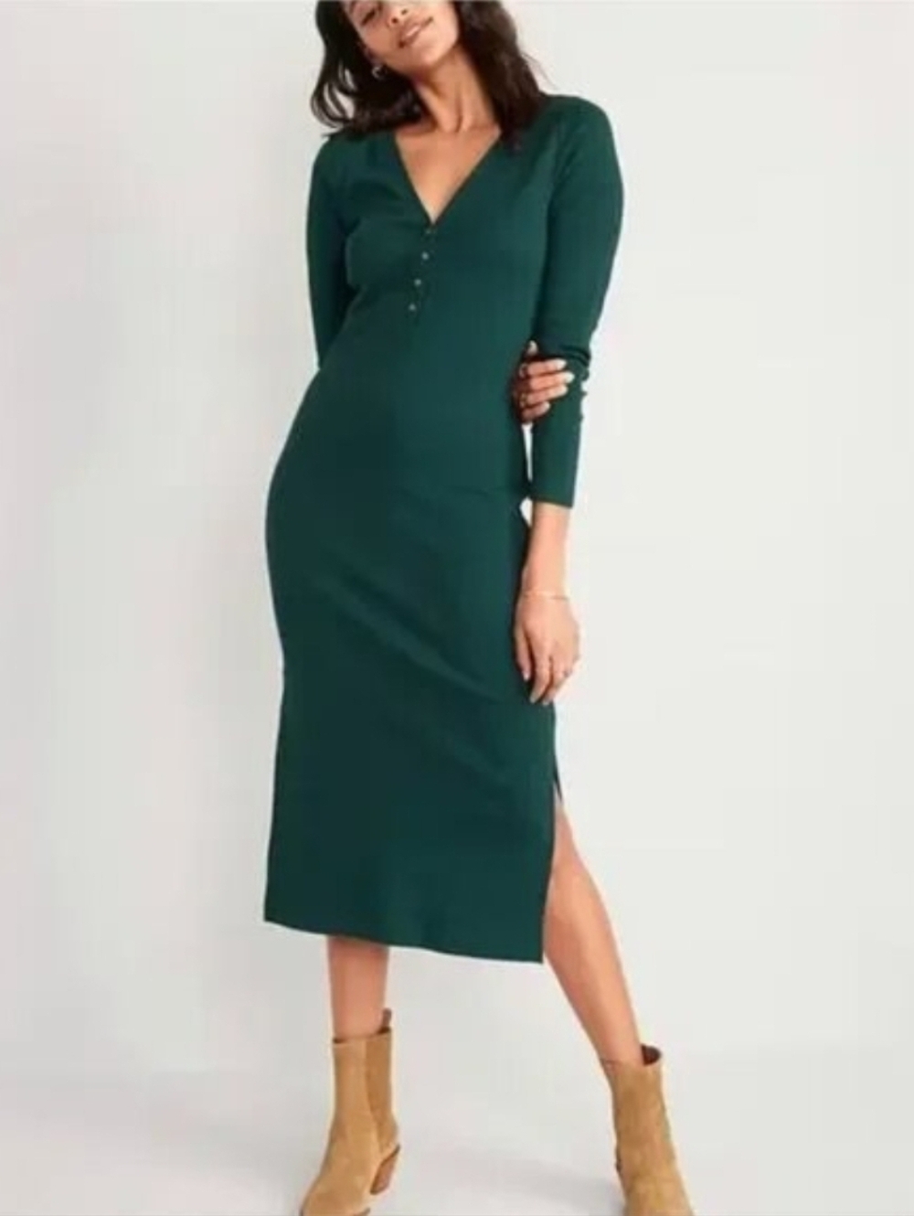 NWOT Old Navy Emerald Green Ribbed Long Sleeve Henley Bodycon Dress Large